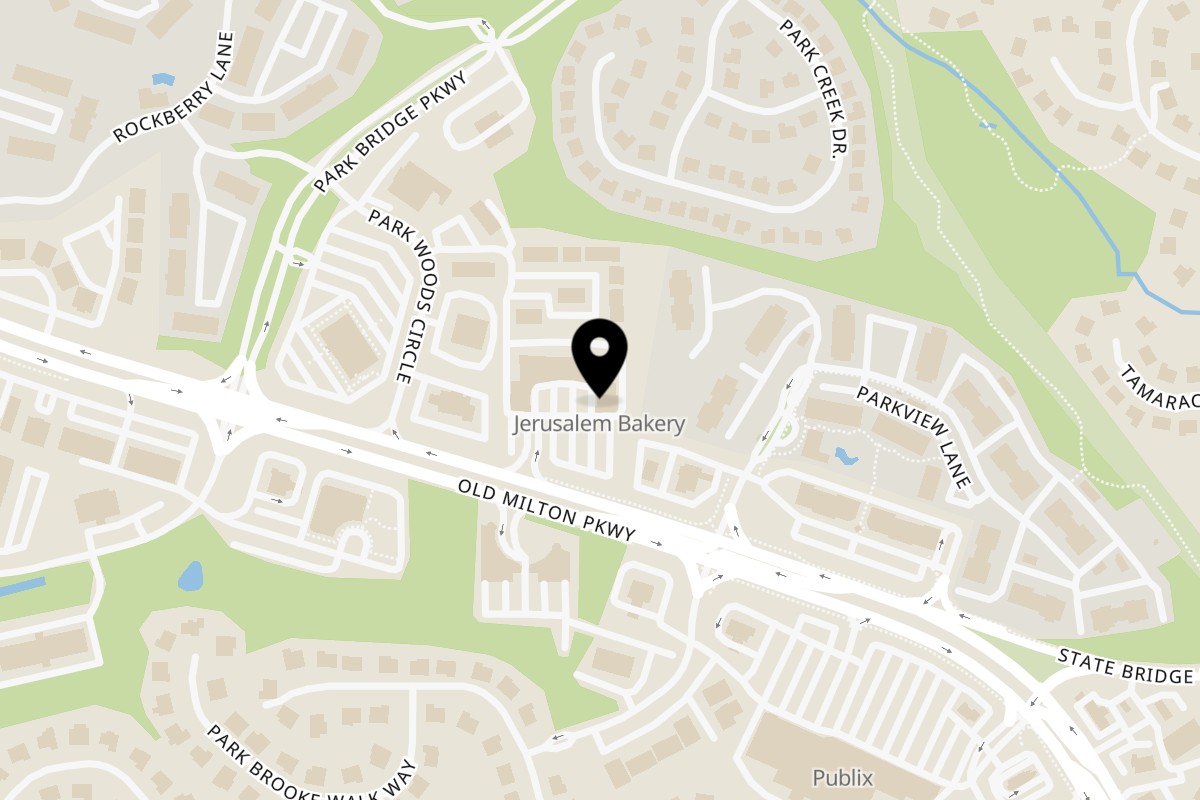 Map showing the location of Jerusalem Bakery & Grill Alpharetta on 4150 Old Milton Pkwy #129 in Alpharetta